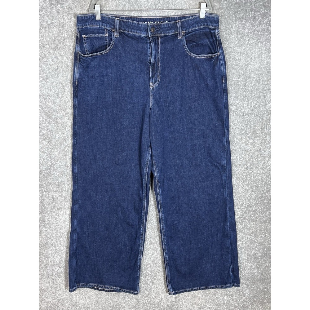 American Eagle Super High Rise Baggy Wide Leg Jeans Womens Sz 18 Blue Dark Wash
